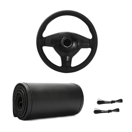 Genuine Leather Steering Wheel Cover, Stitch On Wrap for Steering Glossy Black