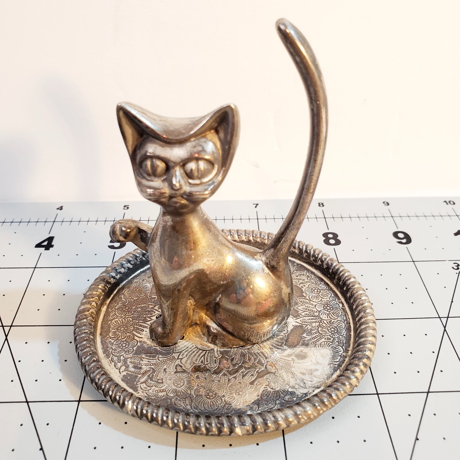Vintage Silver Plated Cat Ring Holder on Etched Trinket Tray 3.5” Tall Hong Kong