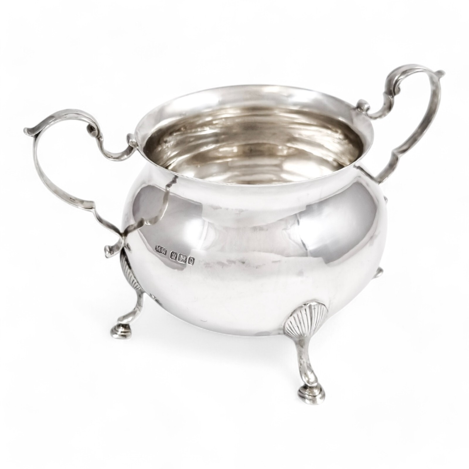 Antique sterling silver sugar bowl, hoof feet and scroll handles, Sheffield 1899