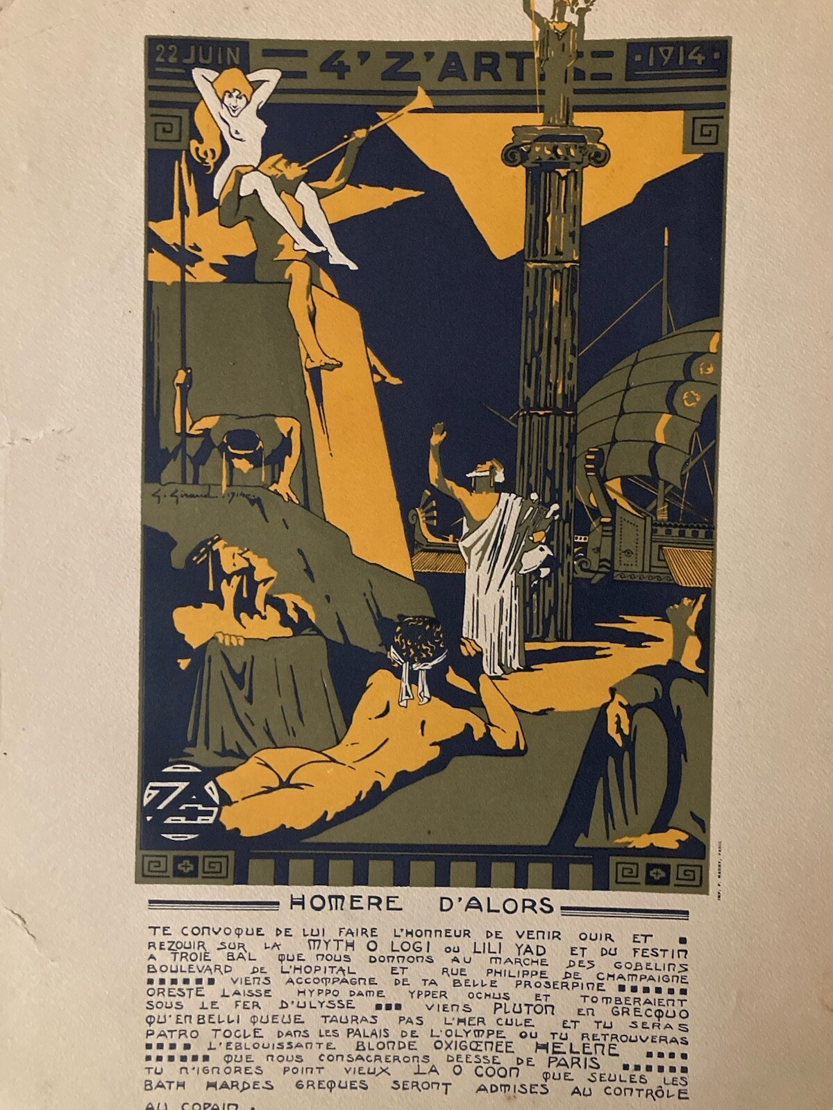 Beautiful Engraving Lithography 1914 Invitation Ball Of Quat ’ Z' Arts Beaux Art