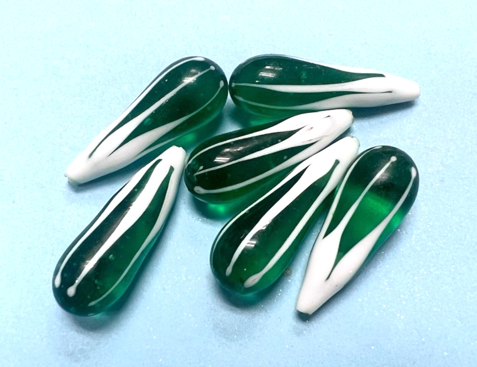 6 Handmade Green w White Drop Glass Beads 7/8L 1/4 Fat Bottom Long Drill