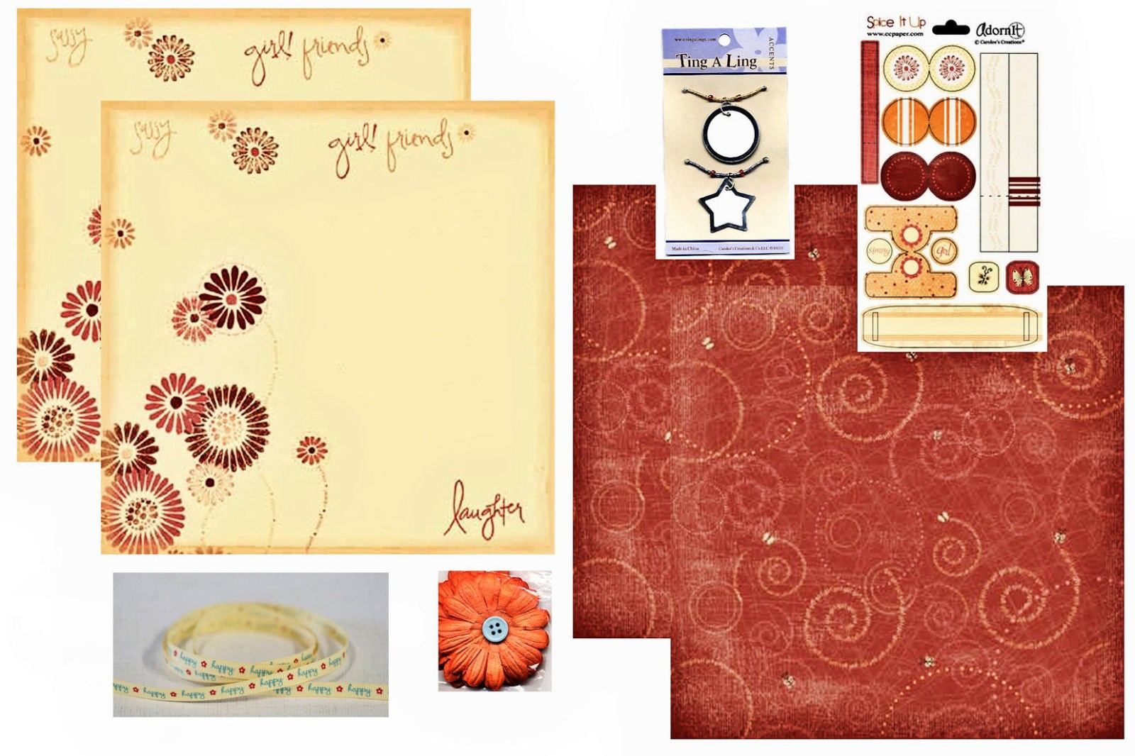 SWIRLY GIRLY SET paper stickers PAPER CLIPS metal-rimmed tags FABRIC FLOWER