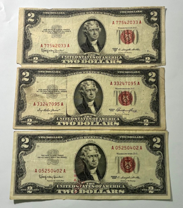 Set of 3 - 1953 & 1963 Red Seal $2.00 Bills US Notes - Washington DC - w/Holders