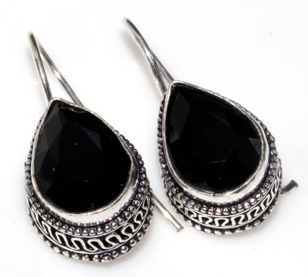 925 Silver Plated Vintage Black Onyx Ethnic Earrings Jewelry Size 1.3" GW