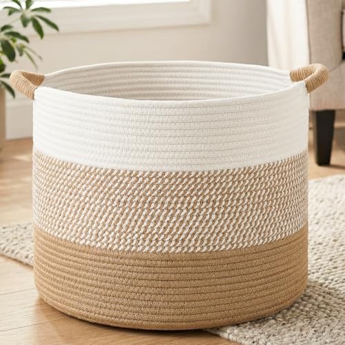 Large Natural Woven Blanket Basket Boho Decorative Cotton Rope Basket 70L Brown