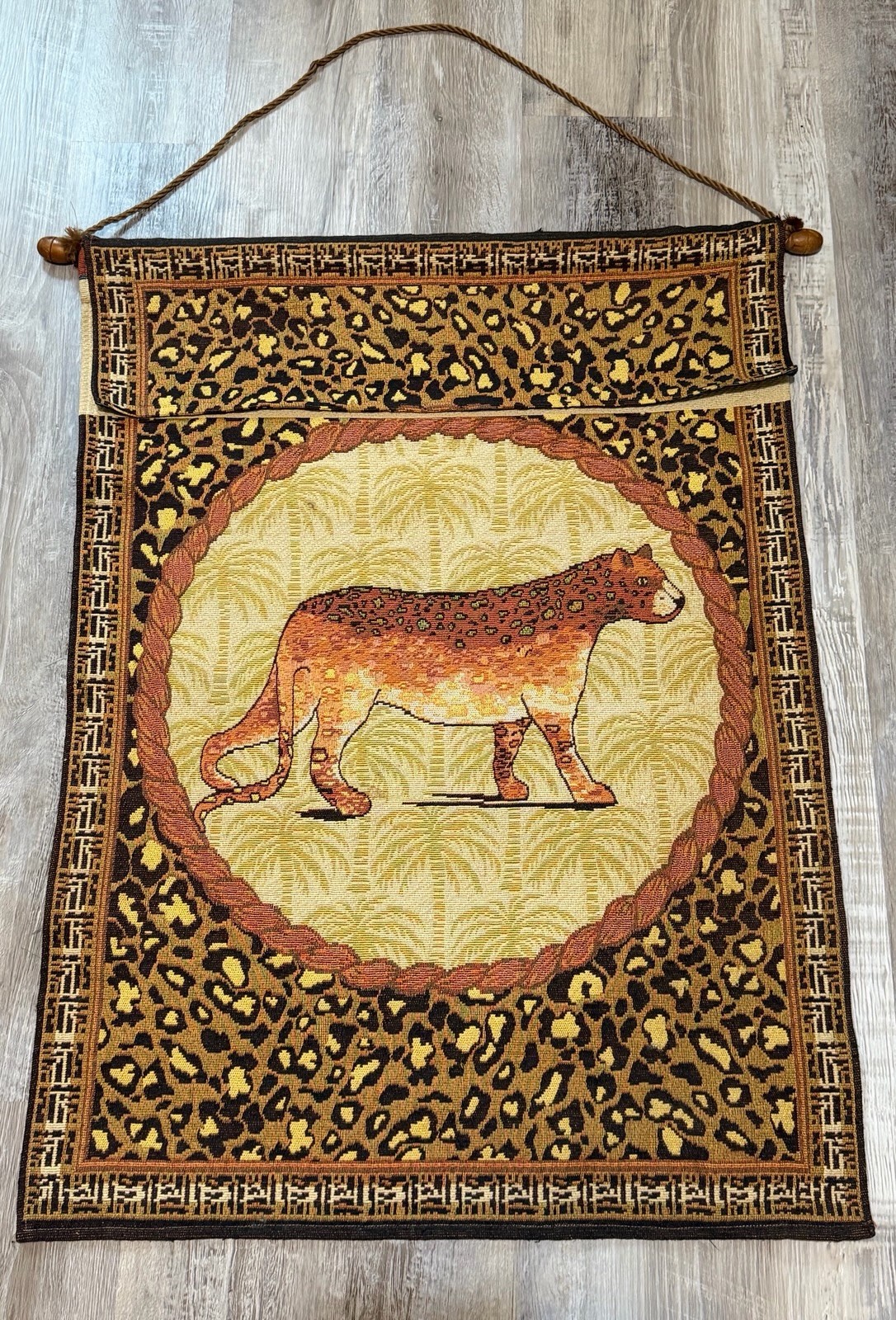 Vintage Leopard Tapestry Wall Hanging Safari Animal Print Woven Textile Decor