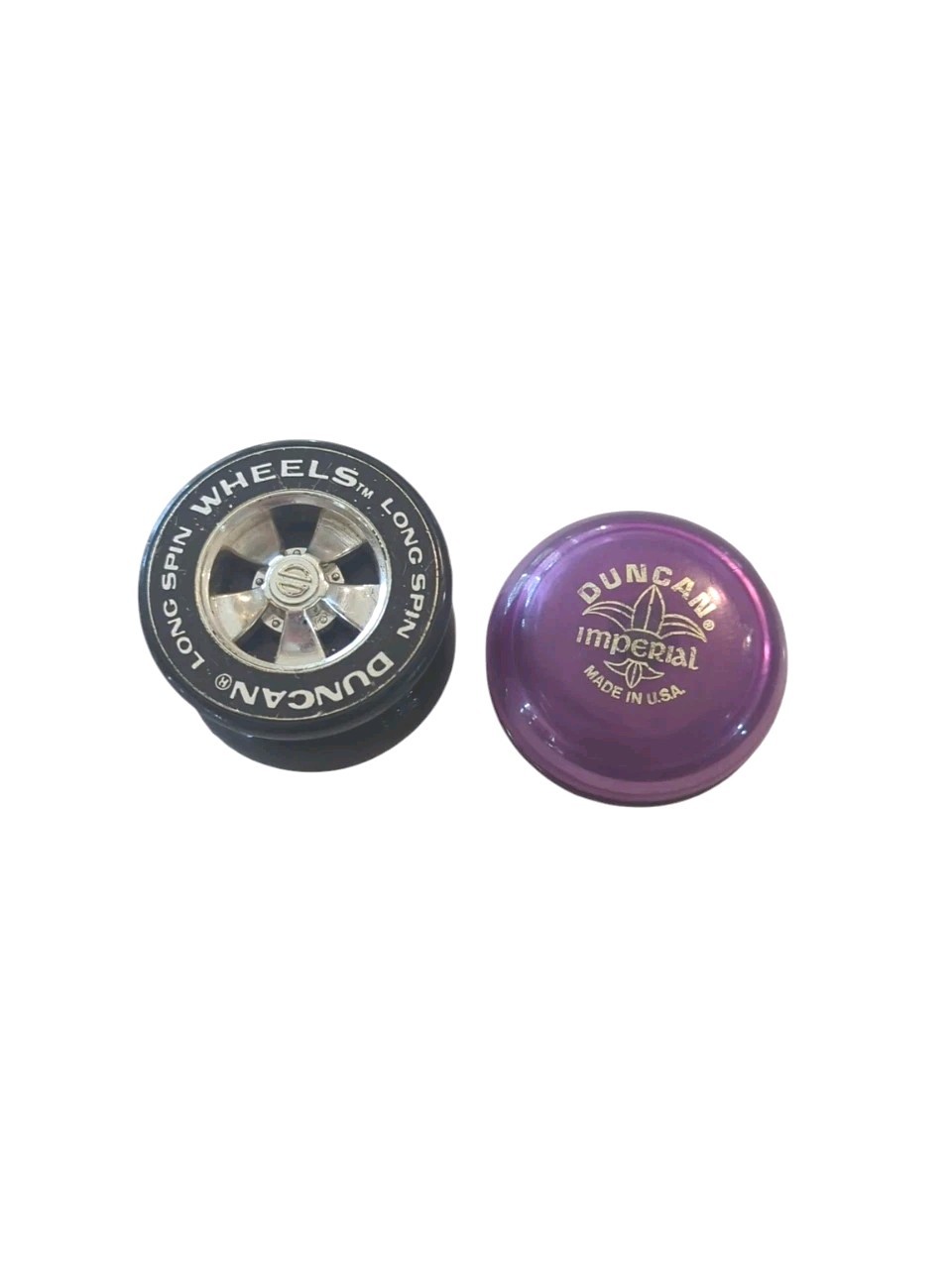 Vintage 1970's Duncan Wheels Long Spin yoyo + purple Imperial Made in USA lot