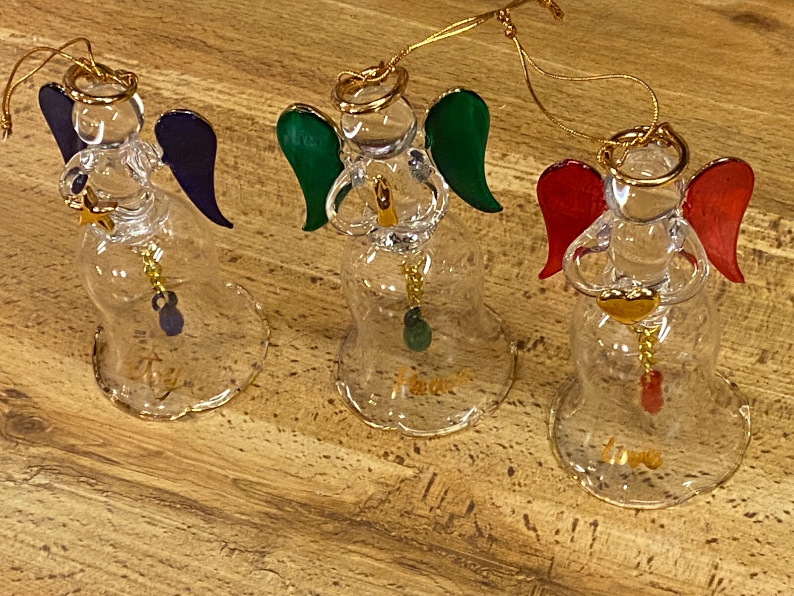 2002 Avon Angelic Glass Bells Angel Peace Joy Love Christmas Ornament 4.5" Set 3