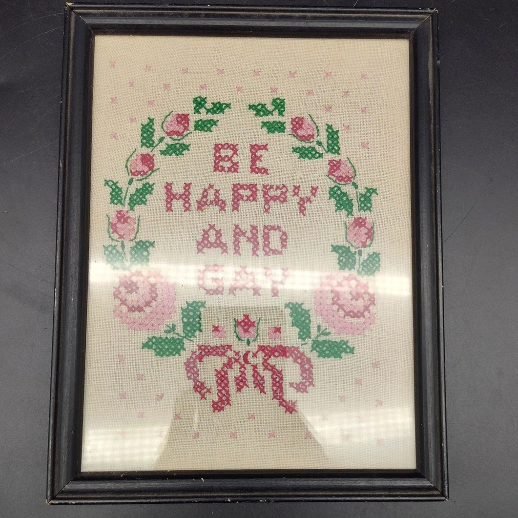 Vintage Cross Stitch Be Happy And Gay Floral Sampler Framed Needlework