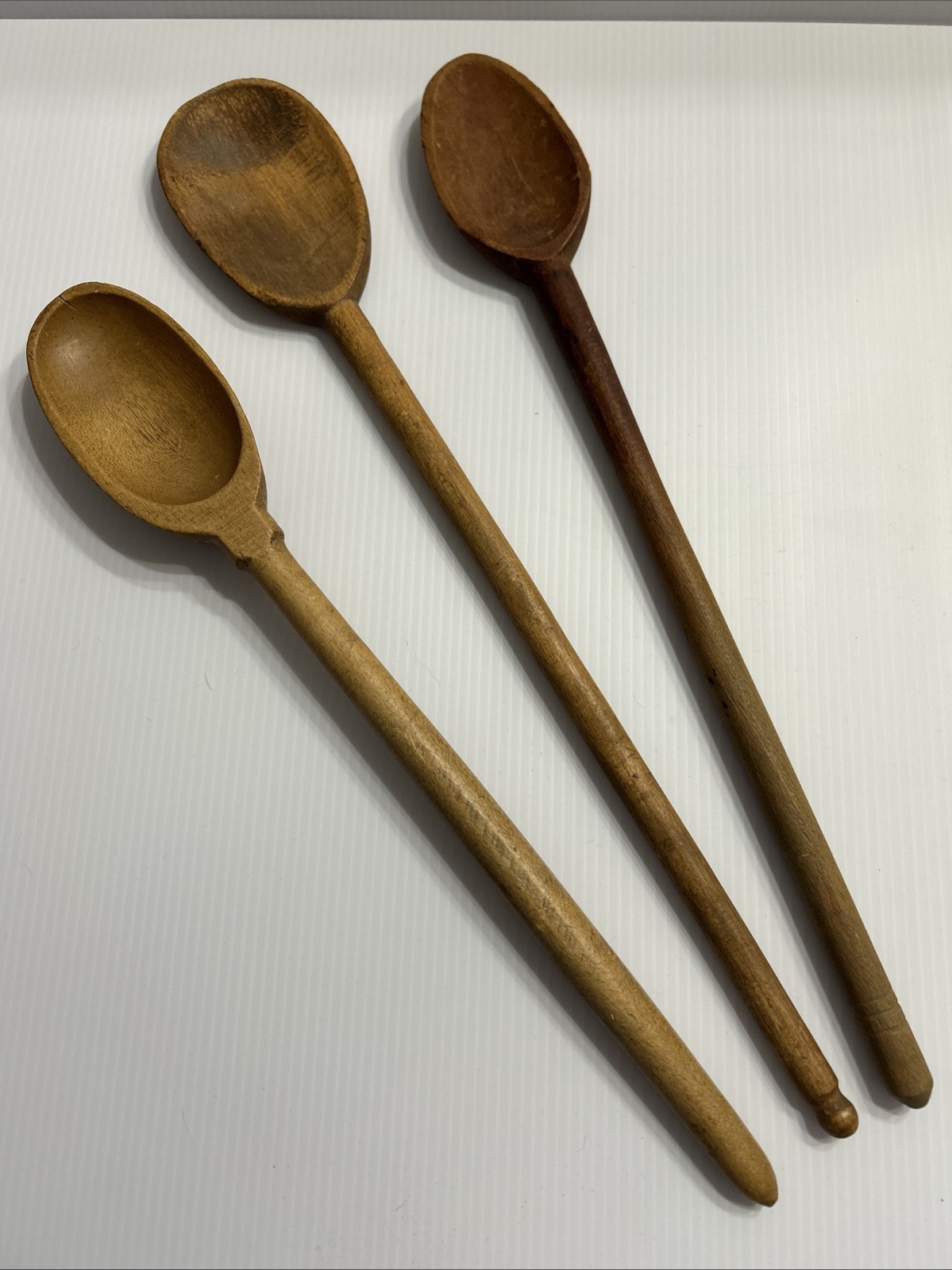 3 Large Primitive Wooden Spoons Hand Carved 10”-12” Long Handles Antique