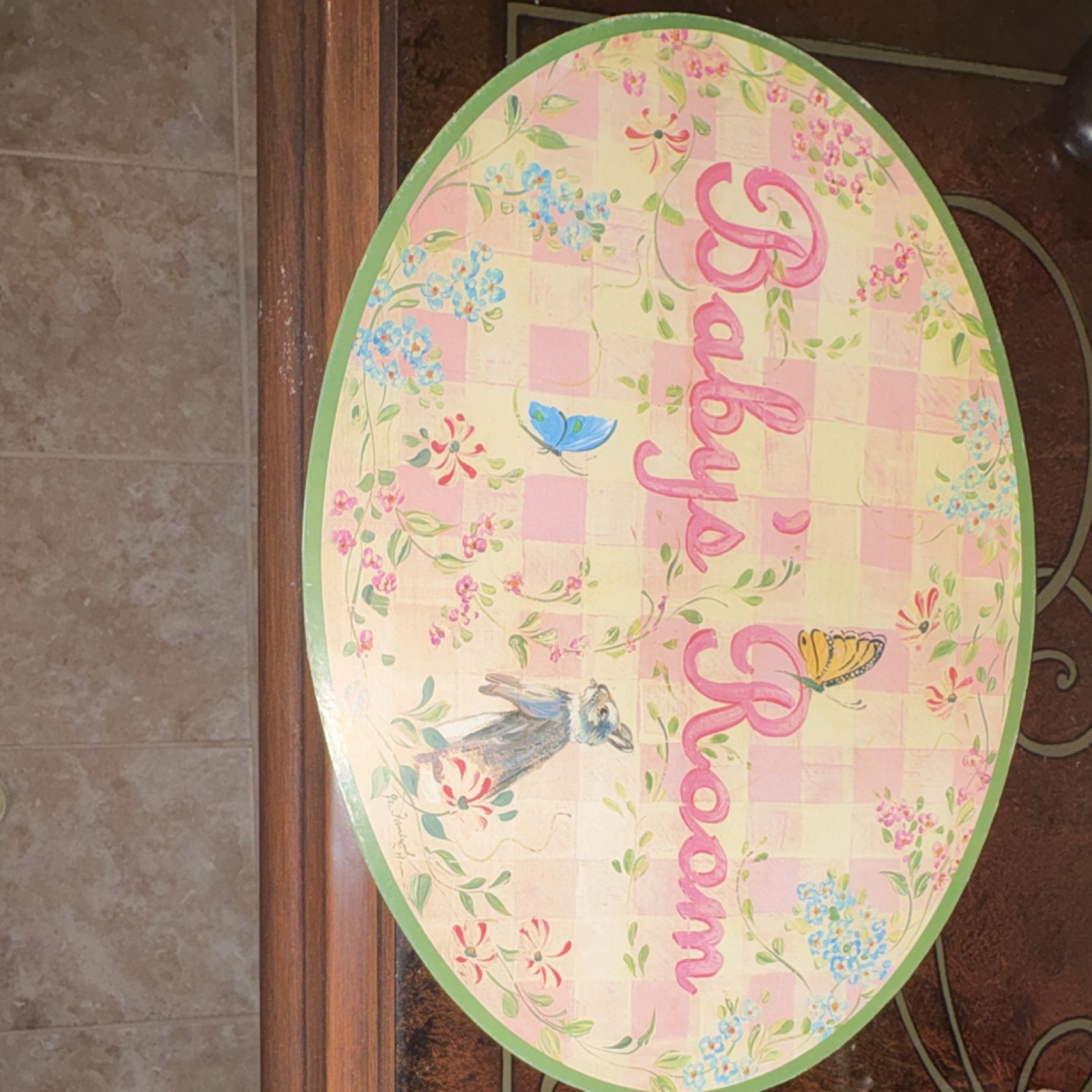 Handmade Oval Nursery Wall Hanging Butterflies Animals Floral Pink Yellow Green