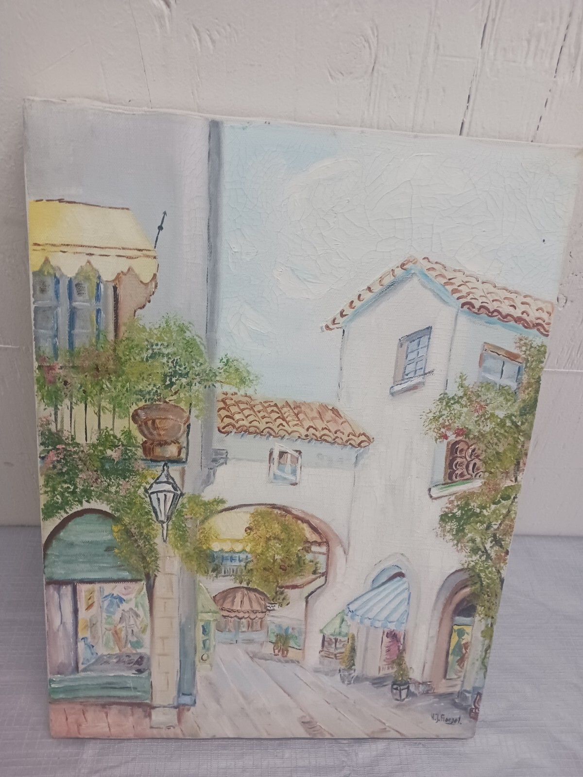 Vintage Oil Painting shops In A Village square 16 X 12 Signed