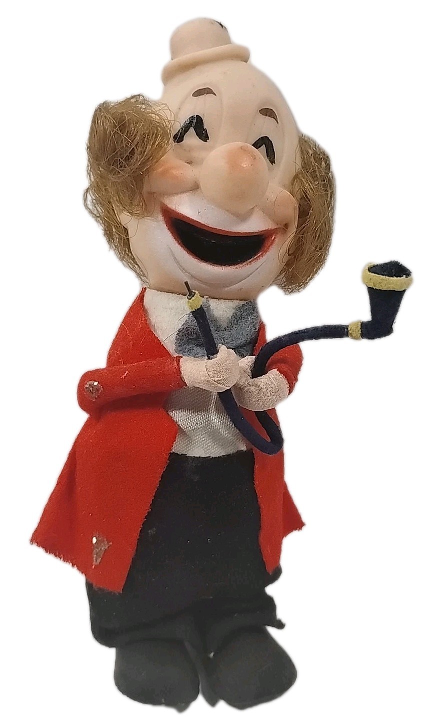 Vintage Made in Japan Poseable Clown Doll With Pipe Vinyl Head Felt 