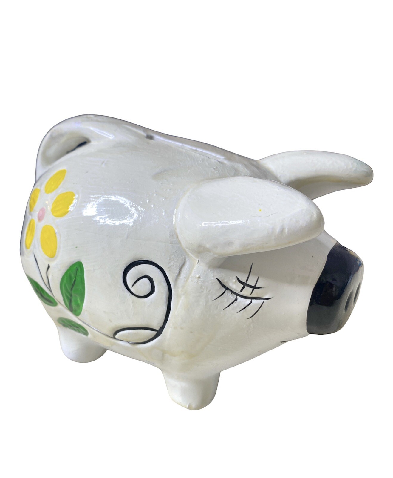 Vintage Piggy Bank White Ceramic Pig Yellow Daisy Hand Painted Long Lashes