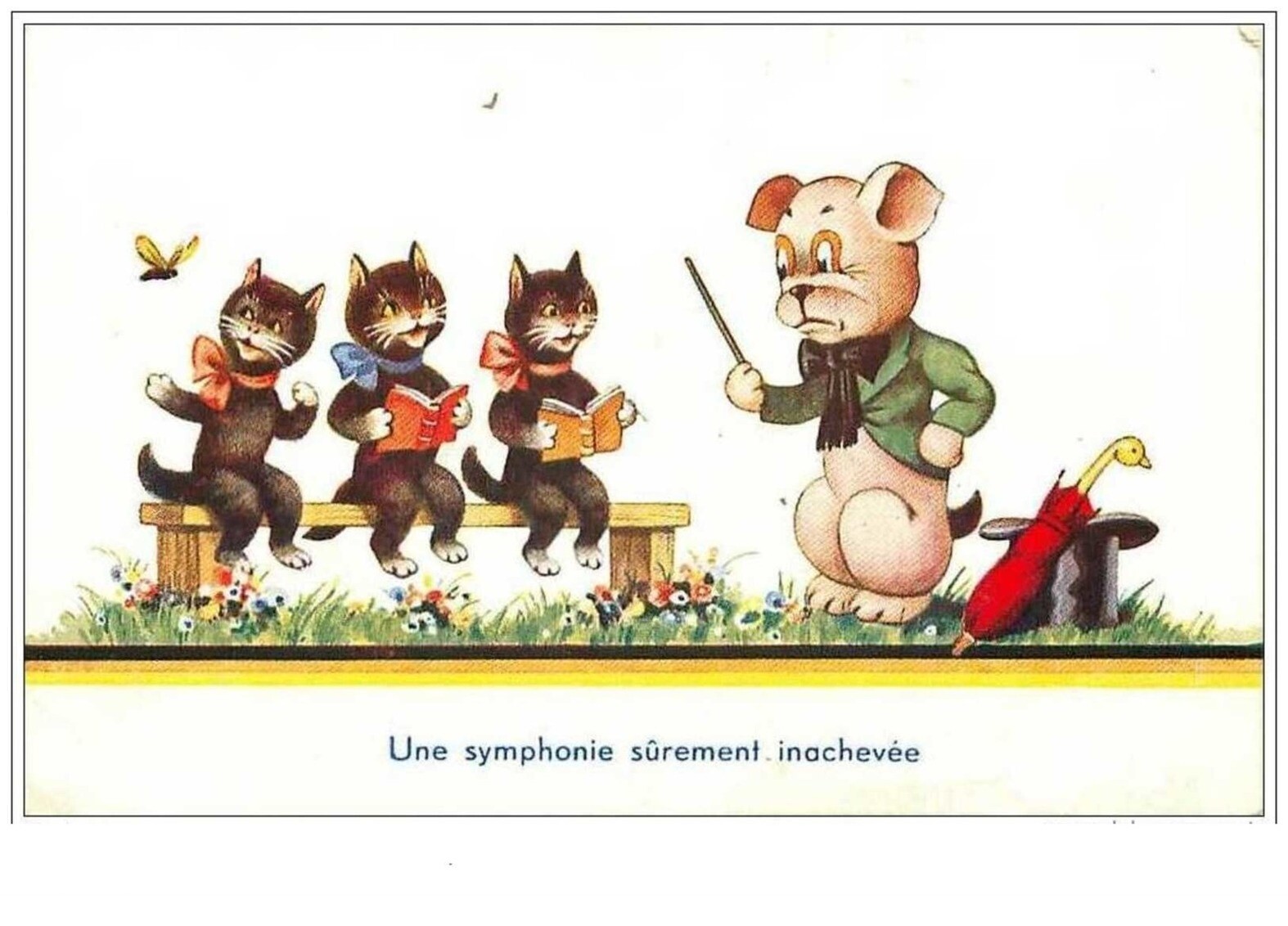 Cats No. 1109. A Symphony Surely Unfinished. Black Kittens On A Bench And Ch