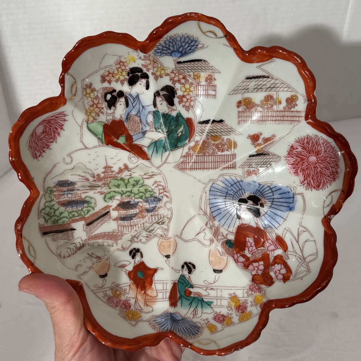 VTG Japanese Geisha Ware Lotus Shaped Serving Bowl Scalloped Edges-Handpainted