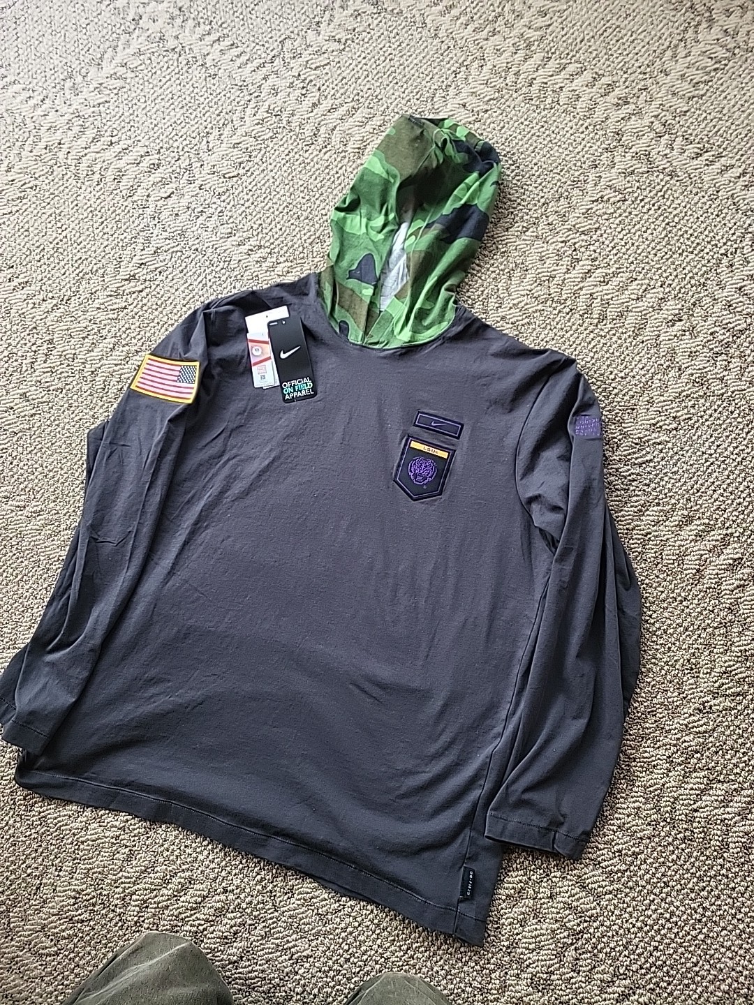 Nike Anthracite LSU Tigers Military Long Sleeve Hoodie T-Shirt Large On-field