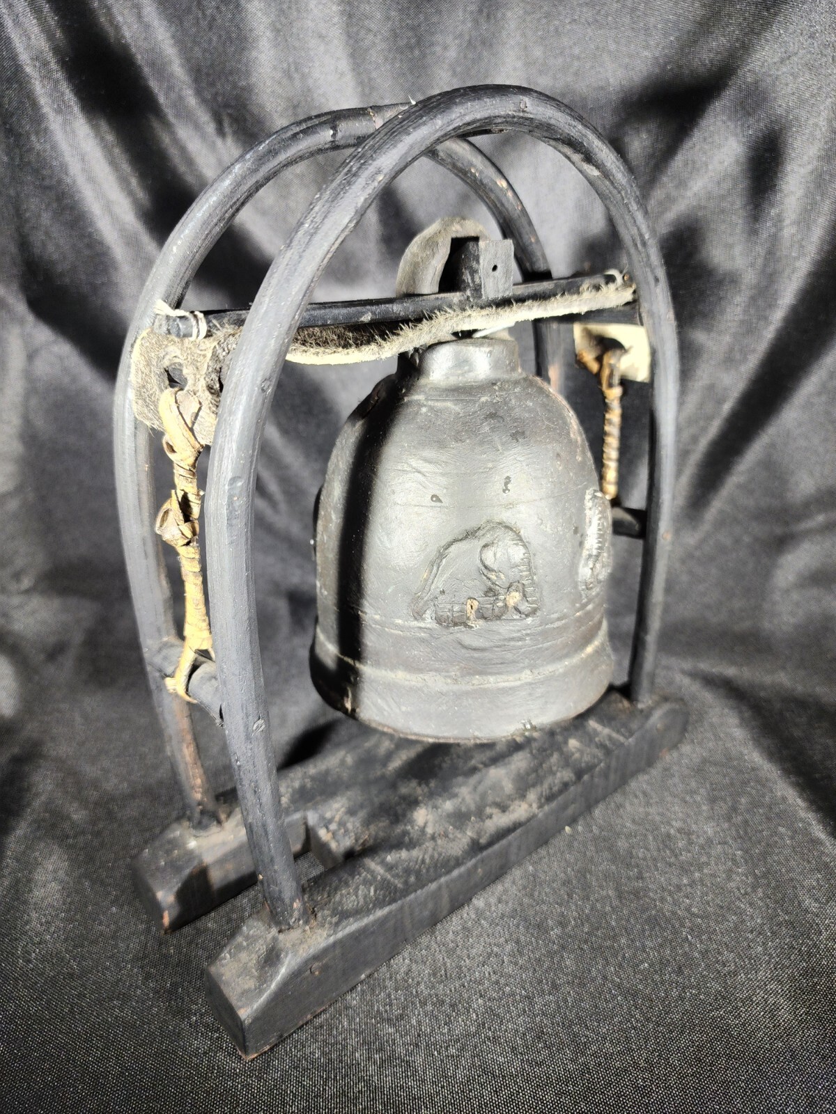 Cast Bronze Metal  Tribal Elephant Bell With A Bent Wood & Hide Stand 