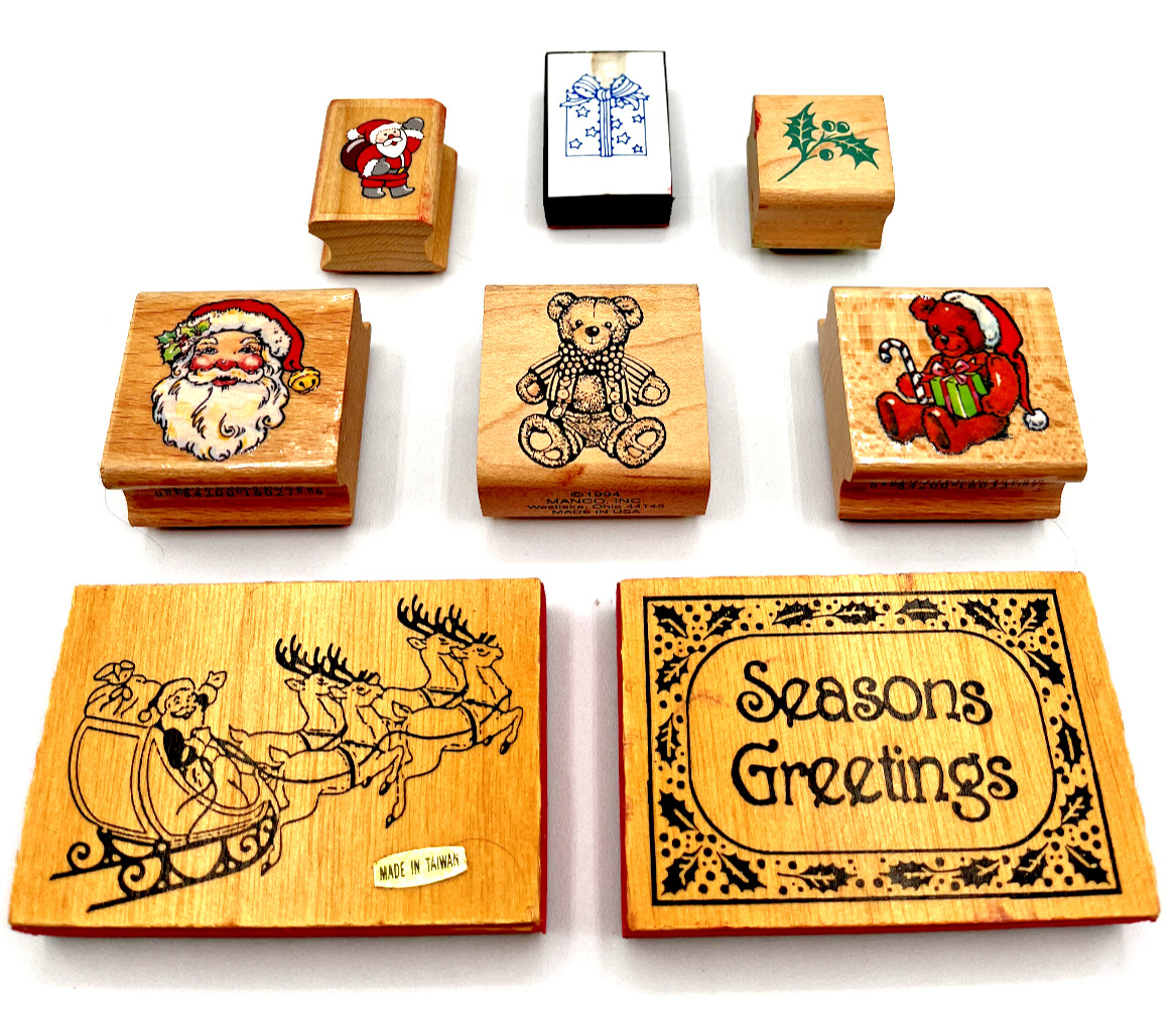 PRETTY CHRISTMAS STAMPS Lot of 7 Wood-Mounted Rubber & 1 Foam for Crafting