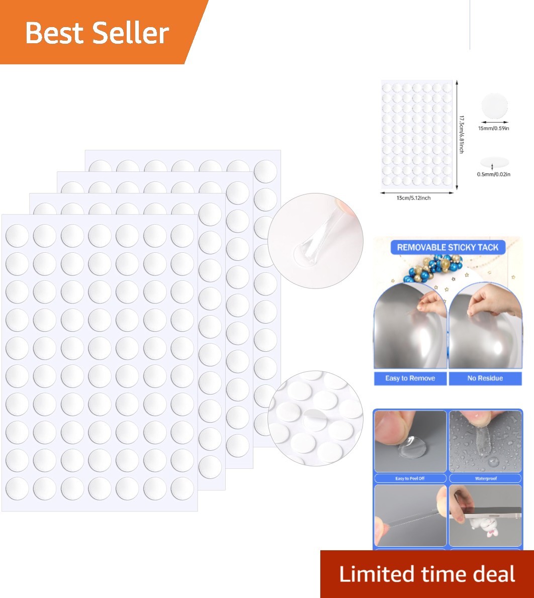 Reusable 15mm Double-Sided Tape - 140 Clear Adhesive Dots for Indoor Crafts