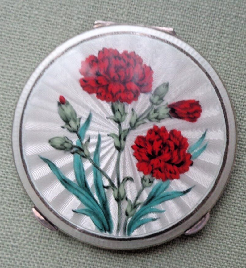 Large Sterling Silver Enamel Carnation Compact h/m 1969 Barker Ellis silver Co