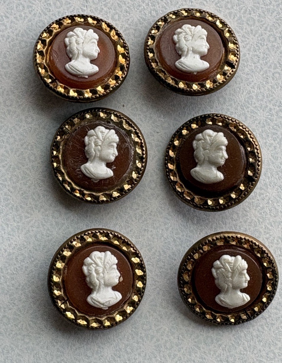 Set of 6 Antique Vintage Metal & Cameo Button 5/8 " Greek Goddess