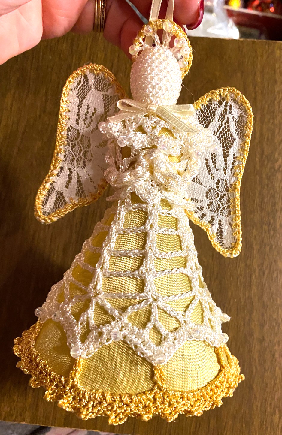 Lace Crochet Beaded Angel Tree Topper Christmas Ornament 6 1/2"