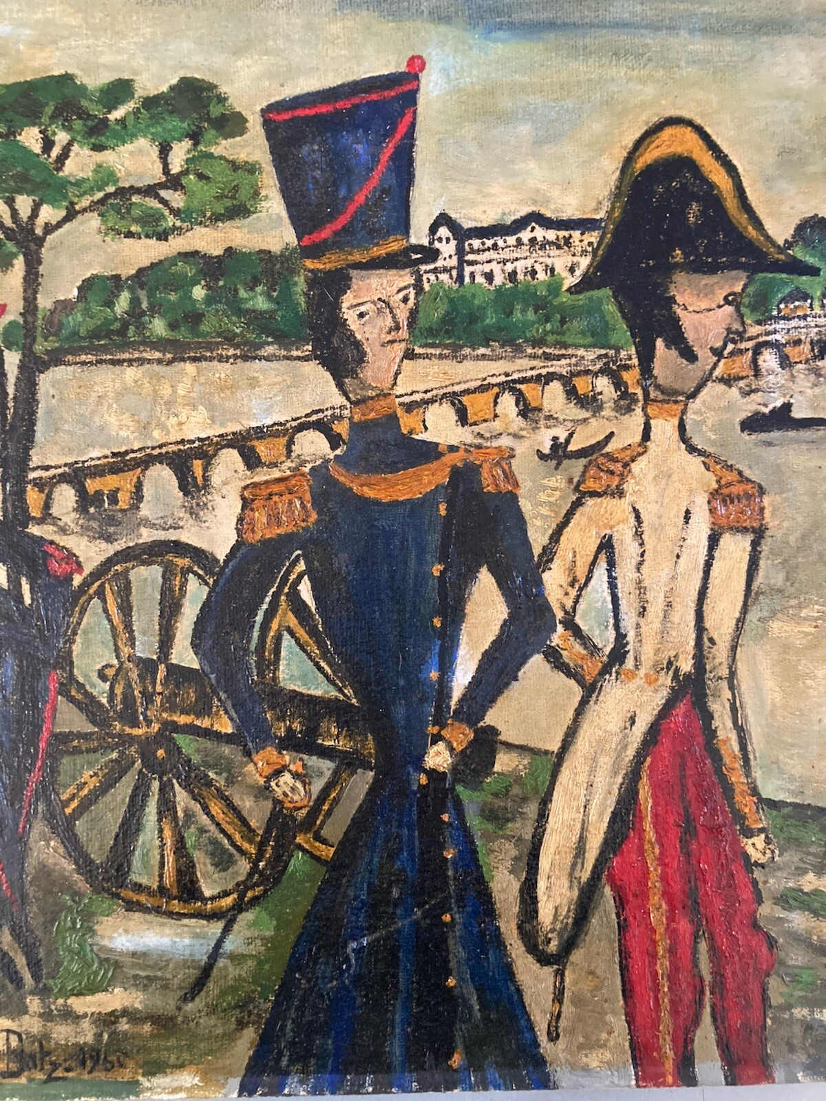 Oil Painting Panel 1960 Military Naïve Art Brut Antique To Identify From Batz