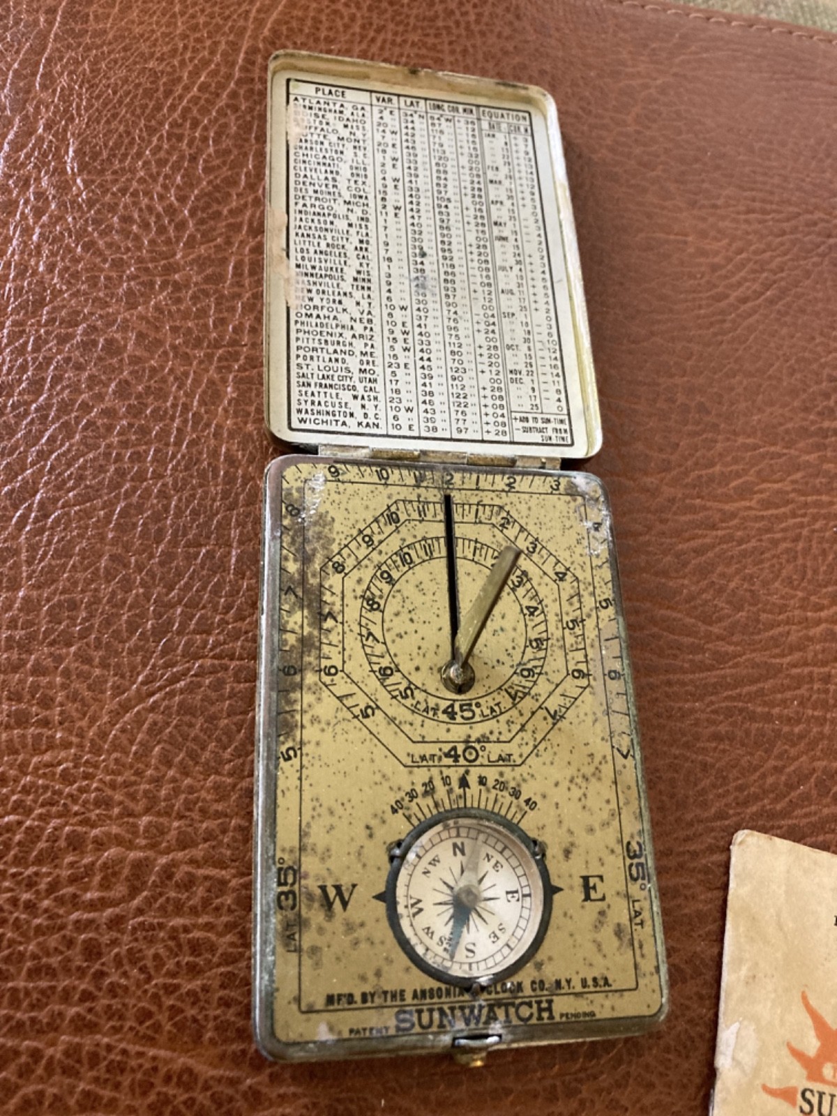 Antique BSA 1921 Sunwatch Brass Pocket Sun Dial & Compass Ansonia Clock Co.