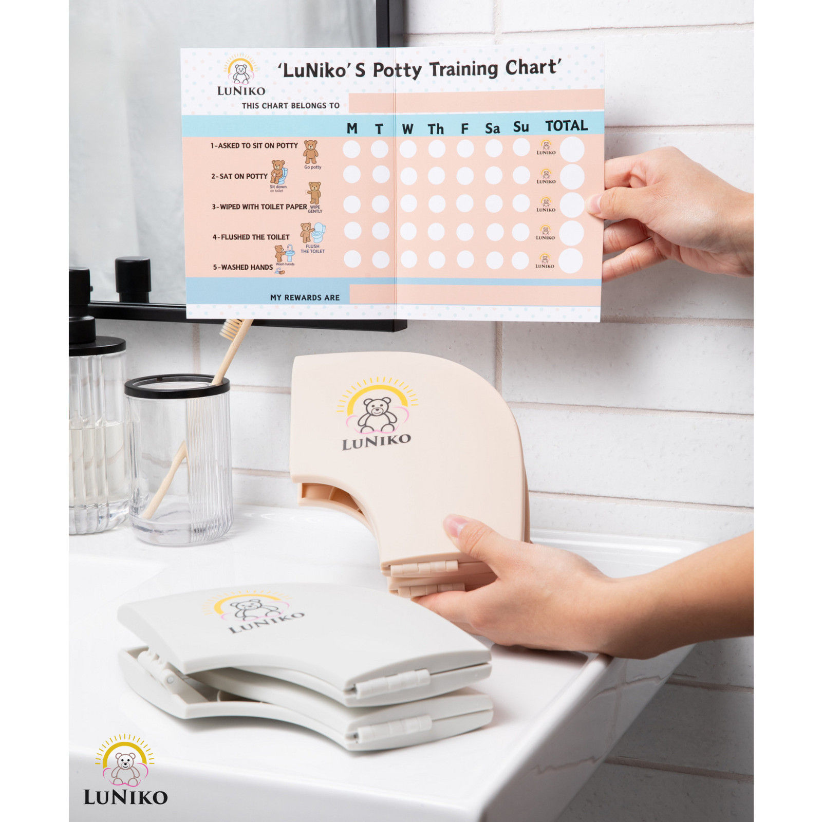 LuNiko Premium Foldable Potty Seat Beige With Reward Chart CPSIA Certified