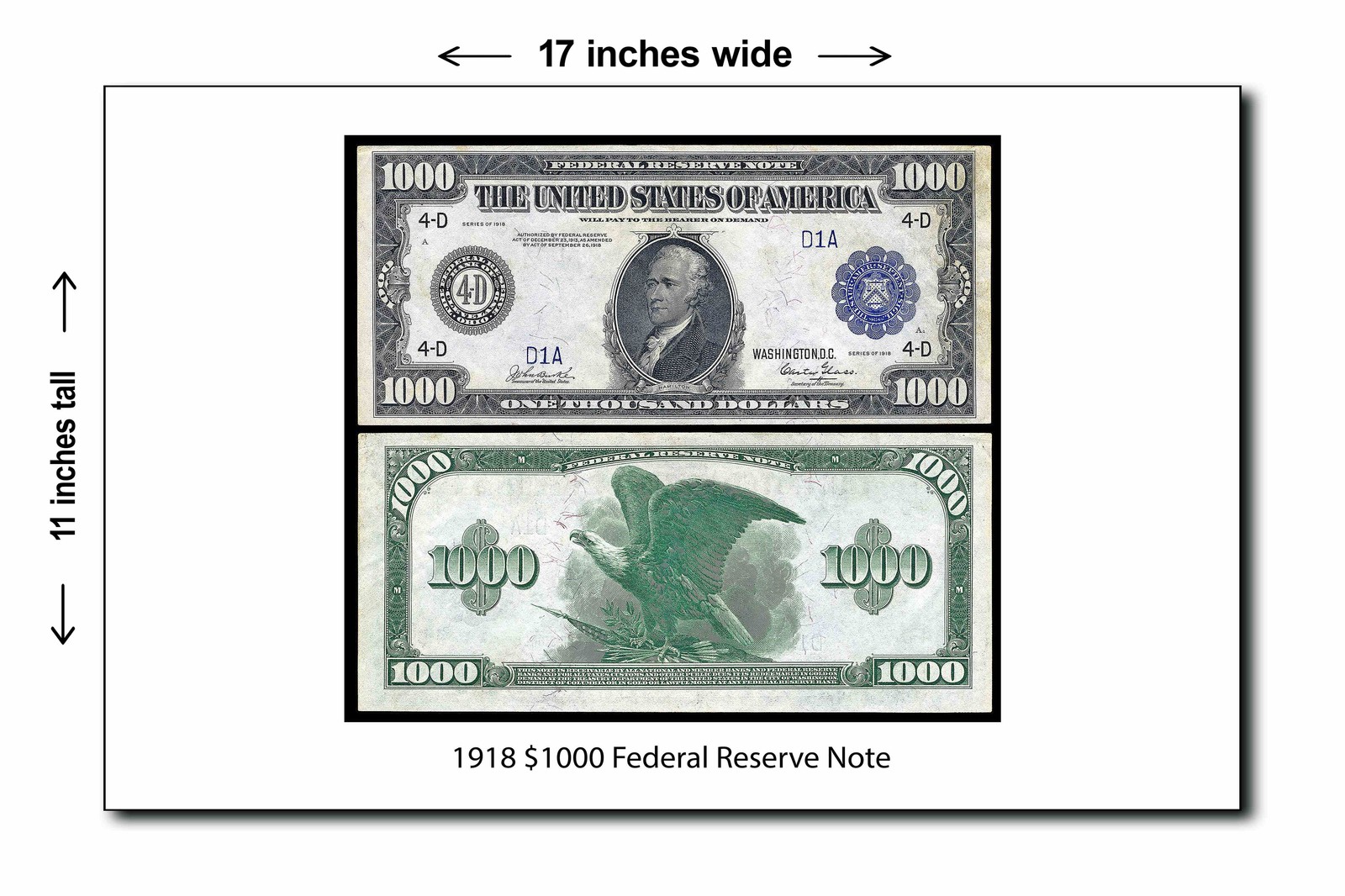 1918 $1,000 Federal Reserve Note - 11x17 Poster