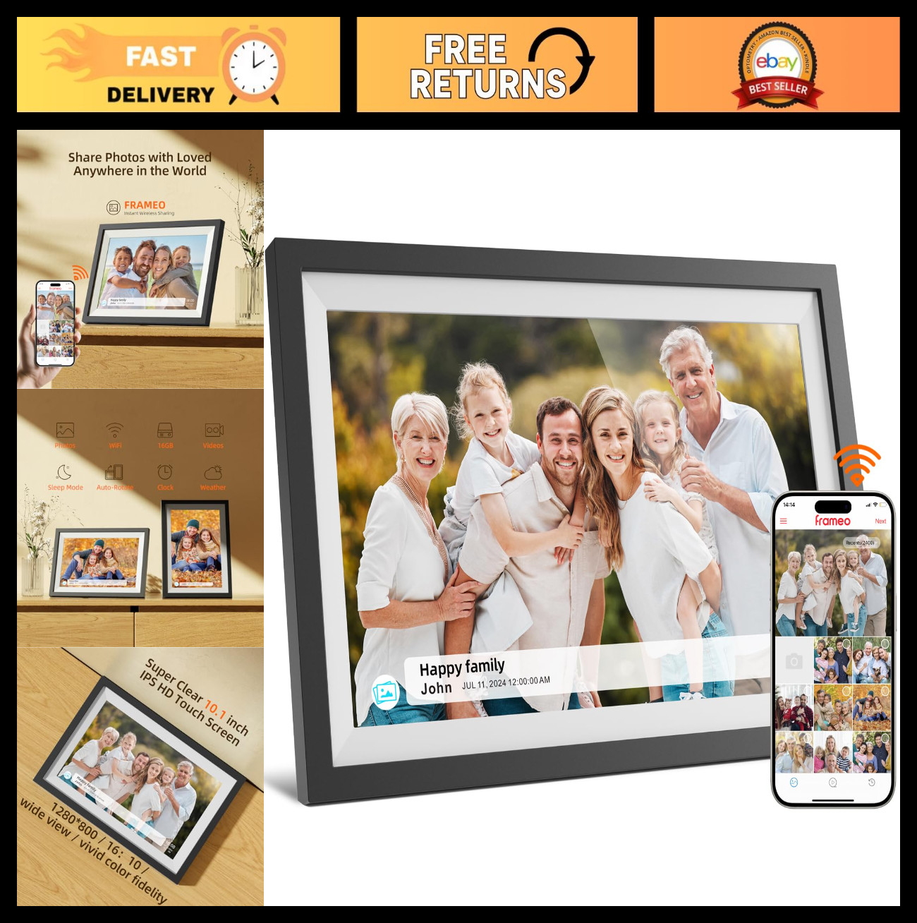10.1" Digital Photo Frame, IPS Touch Screen, 1280x800, 16GB, Auto-Rotate, SD Car