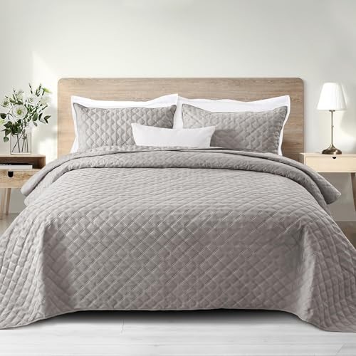  Soft Quilt Set Twin Size, 2 Pieces Lightweight Twin (68"x86") Grid Light Grey