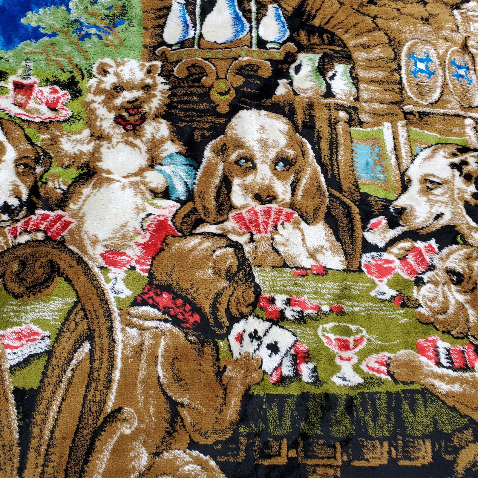 Vintage Dogs Playing Poker Tapestry Wall Art  Boho Blue Fringe Man Cave