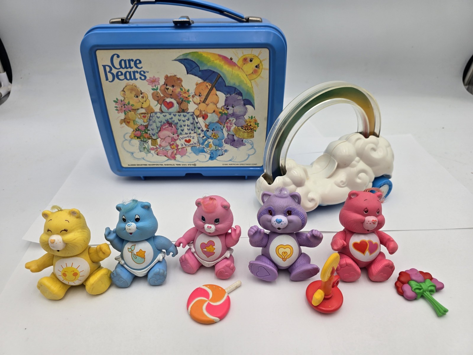 Vintage 80's A.G.C. Kenner Care Bears Lot With Rainbow Cloud Car & Lunchbox 