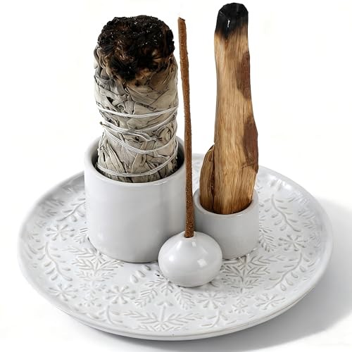 5 in 1 Incense Holder Burner, 5.9" Ceramic Holder for Burning Palo Santo White