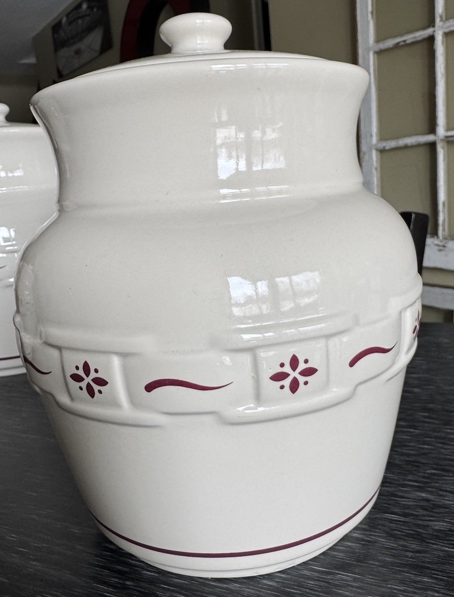 Longaberger Pottery Woven Traditions Heritage Red Extra Large Canister With Lid