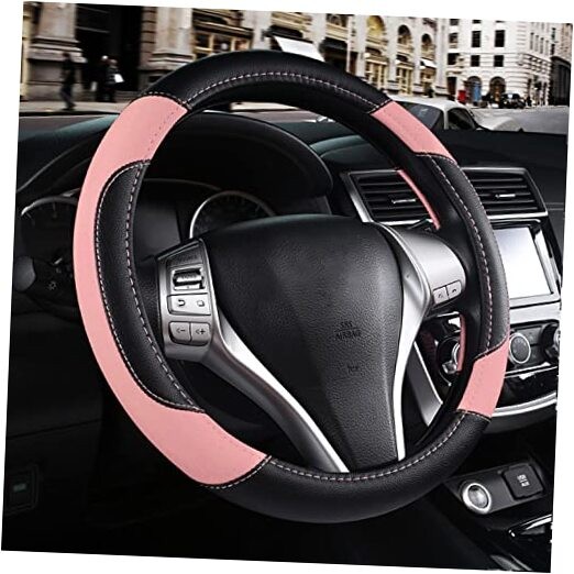 Leather Car Steering Wheel Cover, Non-Slip Car Wheel Cover Protector Pink