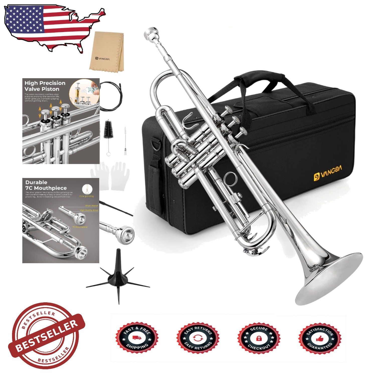 Durable Silver Bb Trumpet for Students, Brass, School Band, All Accessories