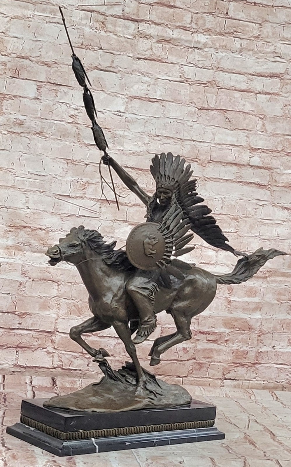 Old West Tribute: M. Lopez Signed Bronze Indian Warrior - Horse Sculpture Gift