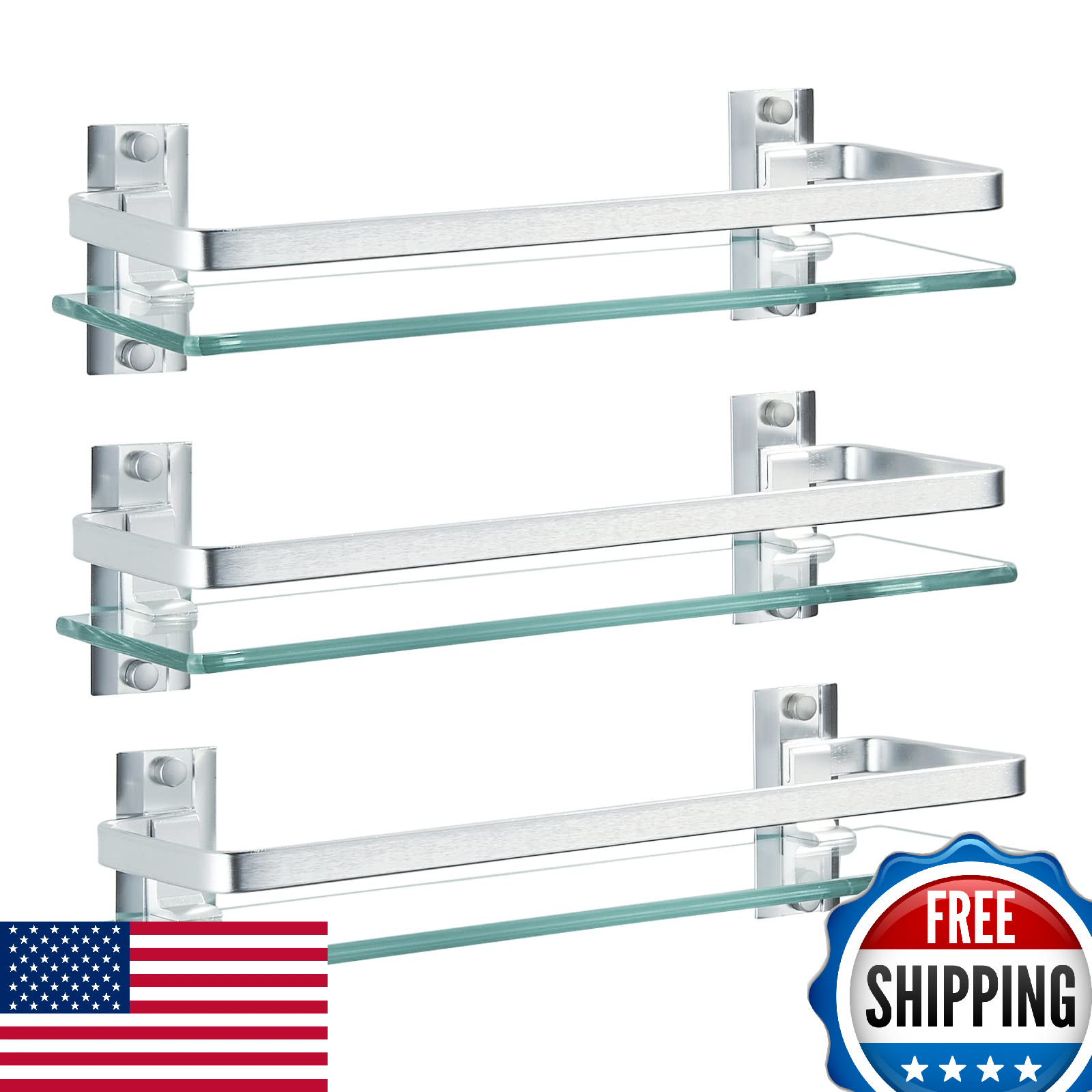 AIJALY 3-Pack Tempered Glass Bathroom Shelf, 15.7" Wall Mount, 0.34" Thick