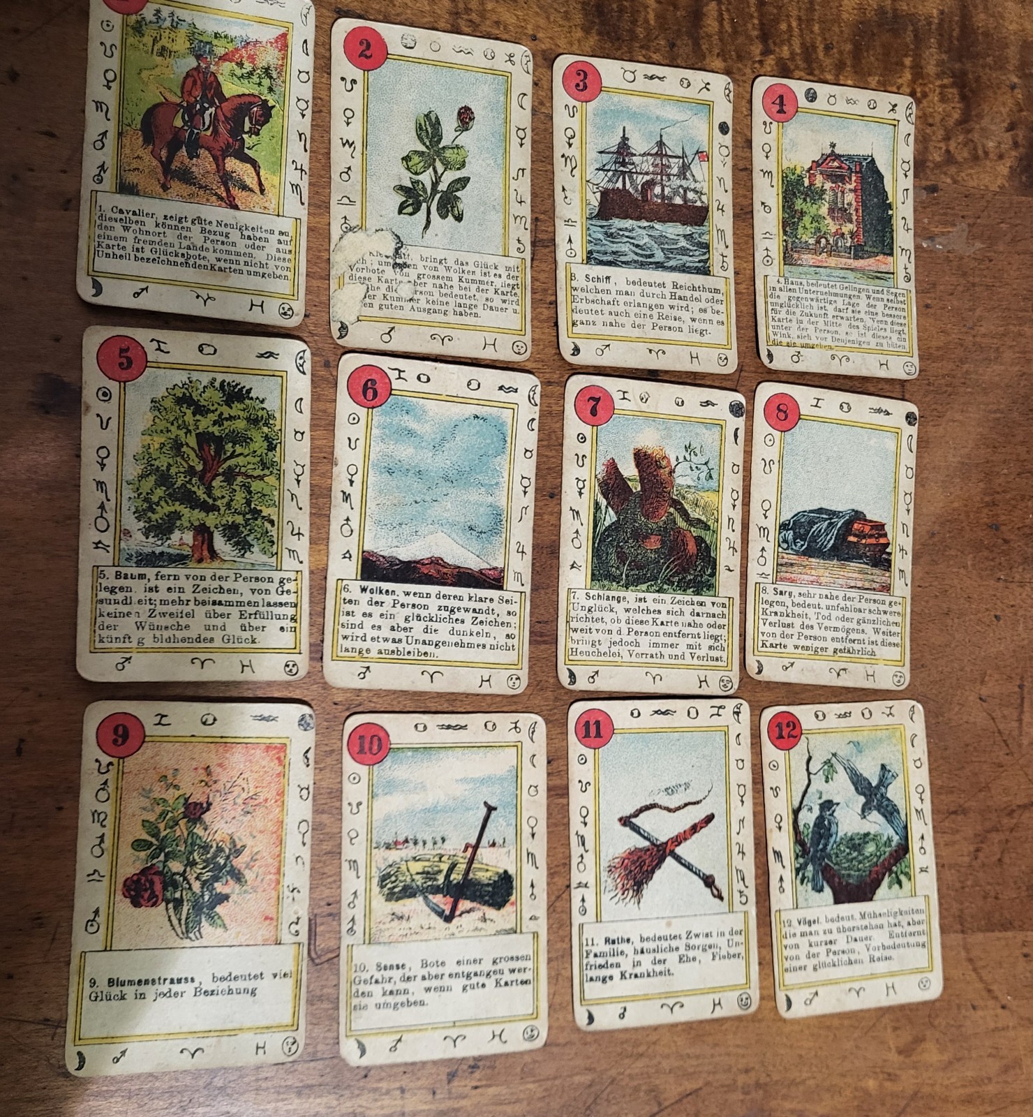 Antique LENORMAND Wahrsagekarten German-  LOT of (12) Fortune Telling Cards