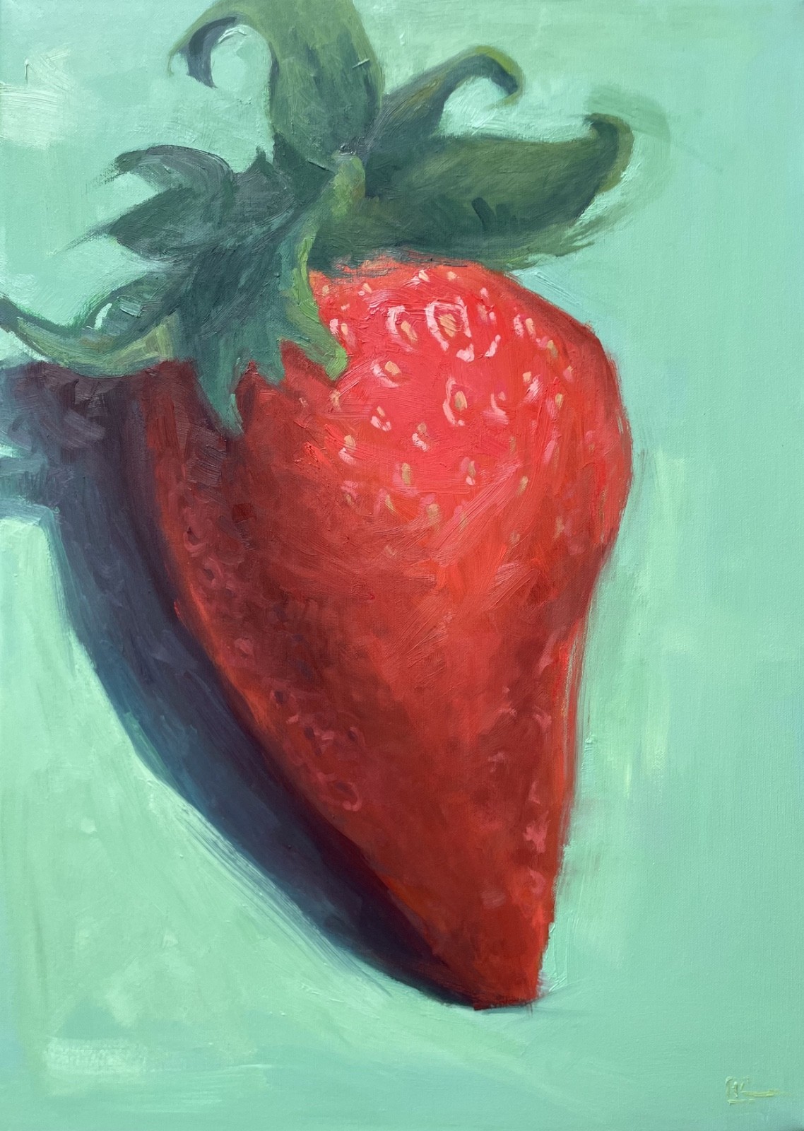 Original Modern Oil Painting Signed | Strawberry | Canvas 50x70cm | Red Turquoise