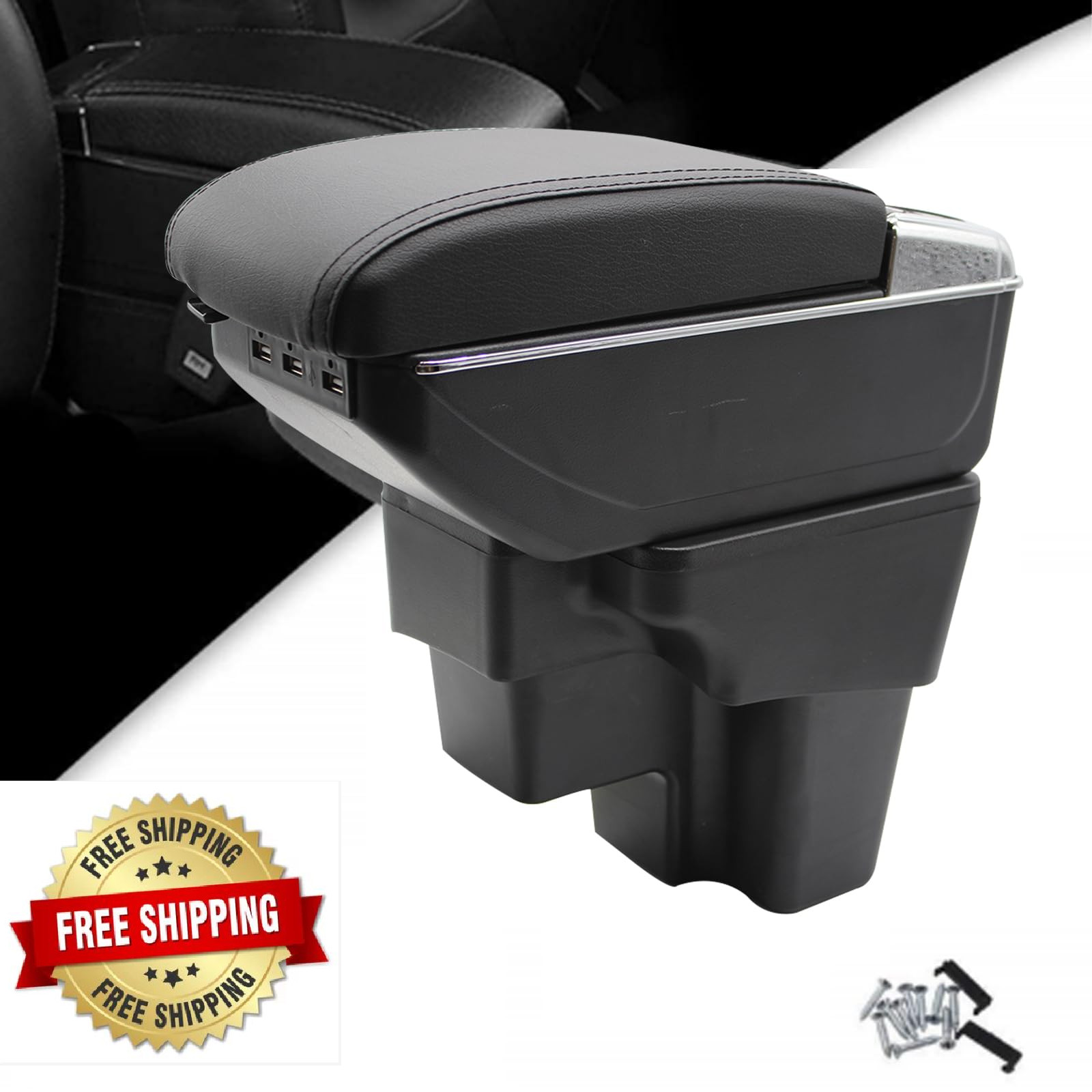 Tocsho Armrest Box for Kia Rio 2018-2023 Double Layer Front Center Console Black