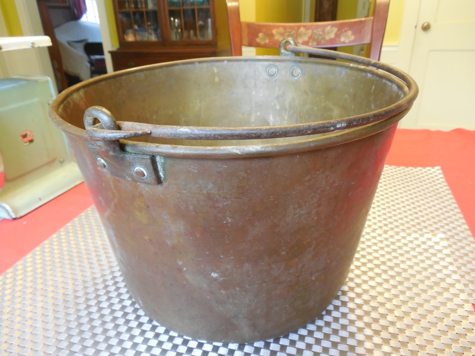 Antique 19th c. Brass Bucket with Rolled Iron Handle 11" 1/ 4 diameter x 7.5" t