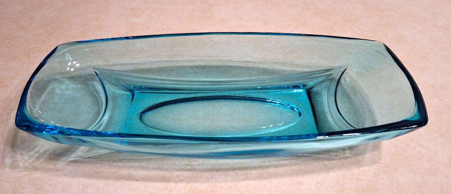 Vintage Aqua Blue Art Glass Dish MCM 1960s Mid Century Trinket Candy Rectangular