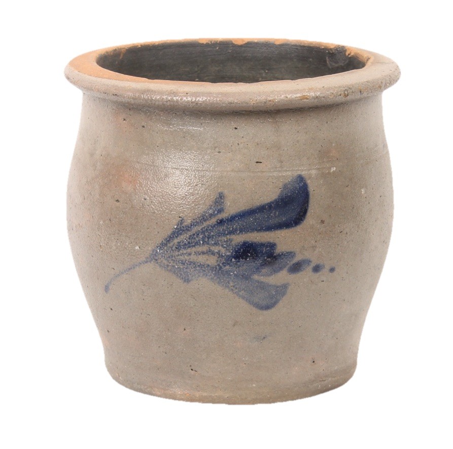ANTIQUE SALT GLAZE FLOWER POT - NEW YORK PENNSYLVANIA CROCK COBALT GLAZE FLOWER