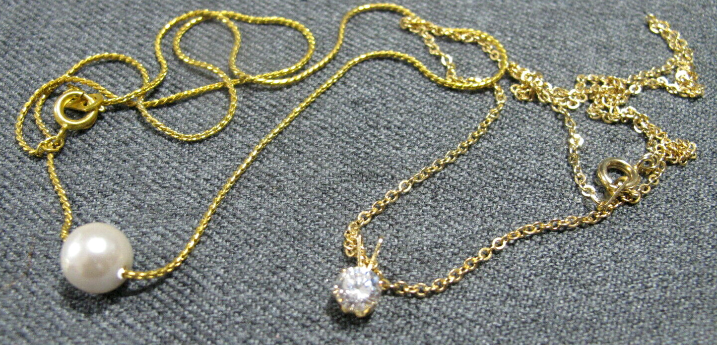 Vintage sliding plastic faux pearl chain + rhinestone pendant w/ chain necklaces