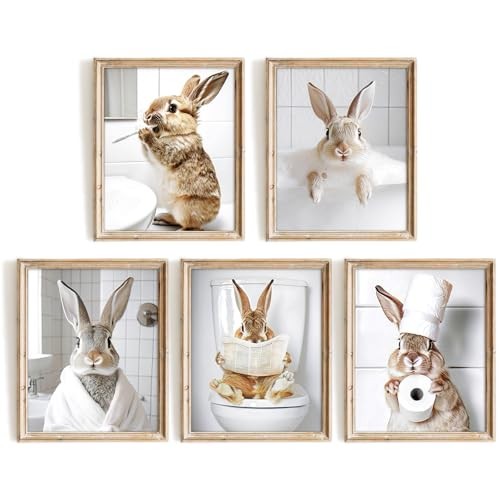  Funny Bunny Bathroom Wall Art 5pcs Bundle Easter Rabbit 10L" x 8W" Rabbit 5pcs