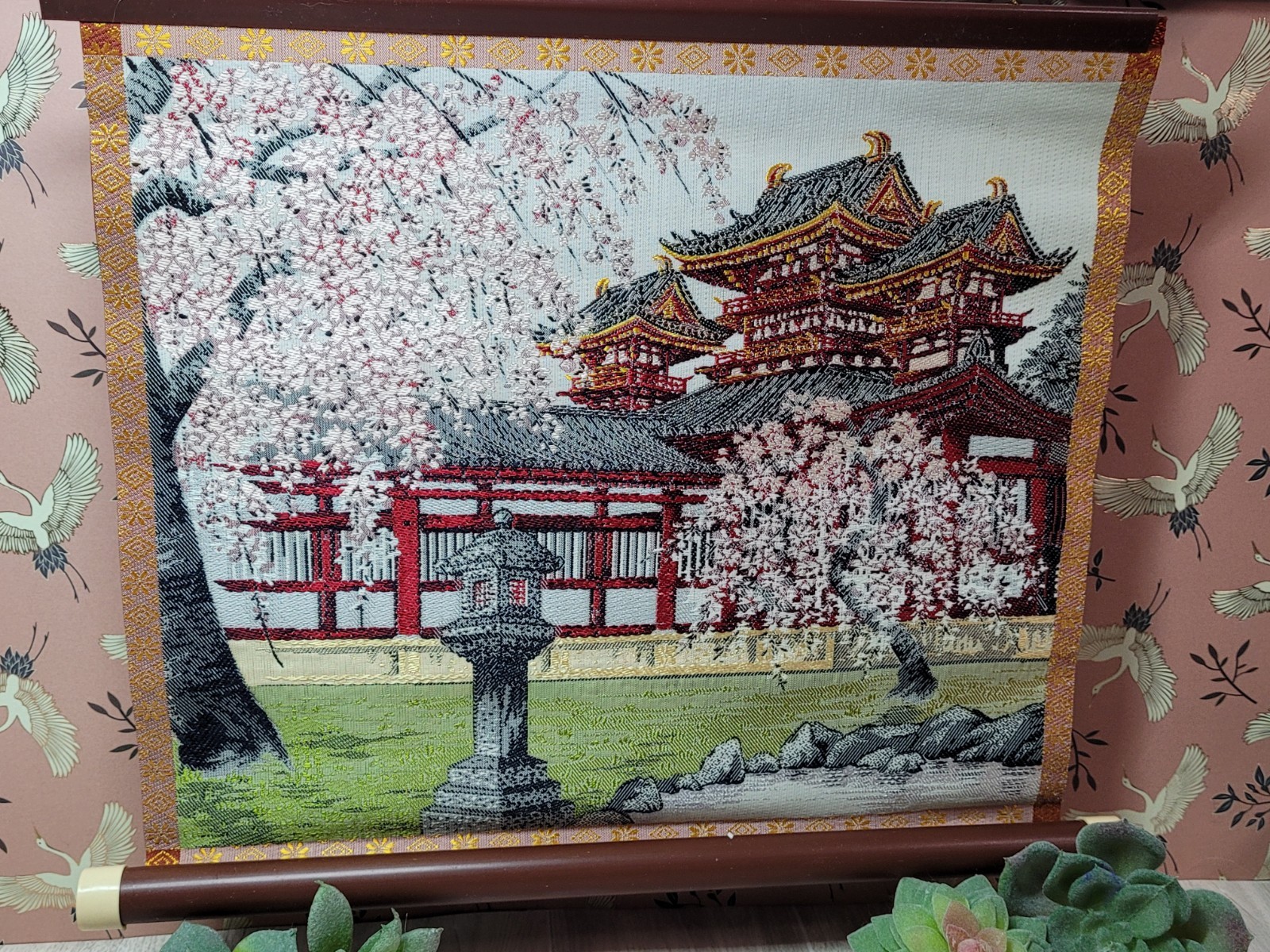Vtg Japanese Silk Embroidered Wall Art Tapestry Ready 2 Frame Heian Shrine Kyoto